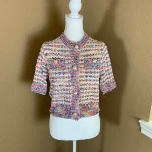 Urban Revivo Tweed Jacket XS NWT Pink Blue Pearl Button Cropped Cardigan Boucle